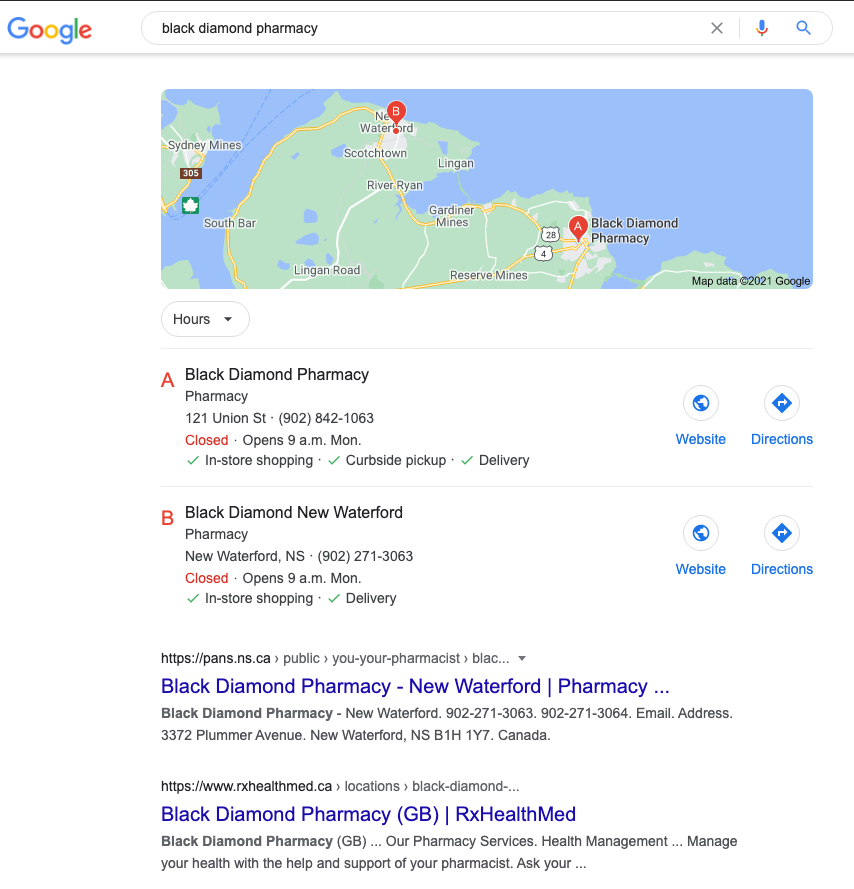 google SERP for black diamond pharmacy displaying maps