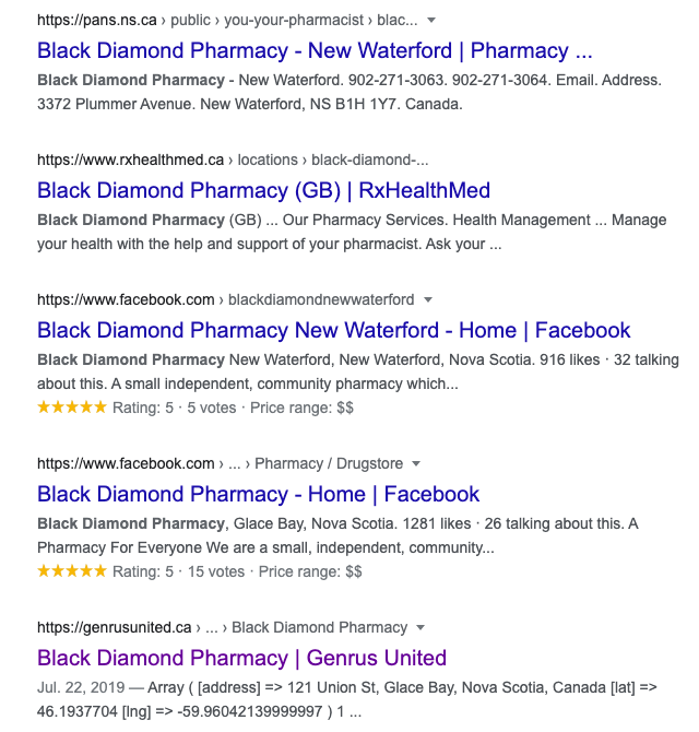 lower page serp results for black diamond pharmacy query example